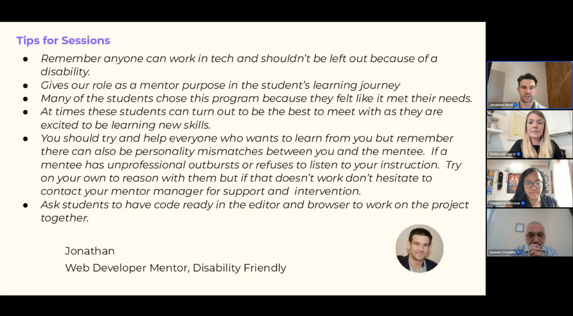Jonathan Root leading a live webinar on mentoring students with disabilities for OpenClassrooms